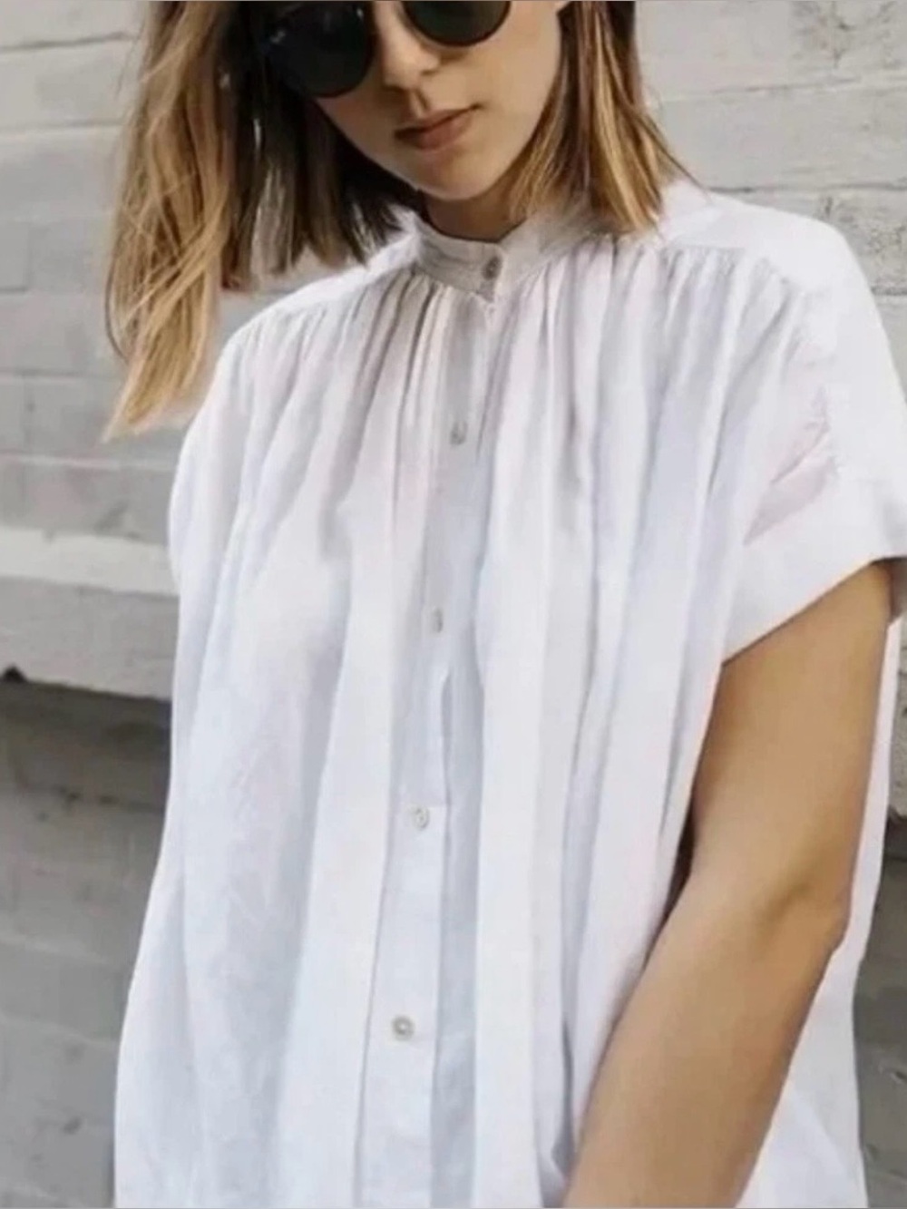 Wilfred White Short-Sleeve Pleated Button-Down Top